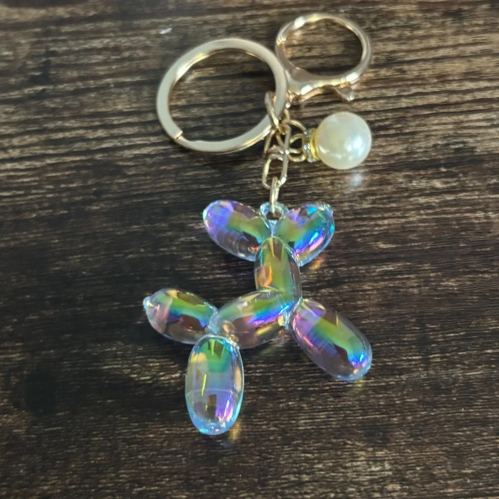 Iridescent Balloon Dog Keychain Gold Tone Bag Charm with Pearl Accent Pop Art